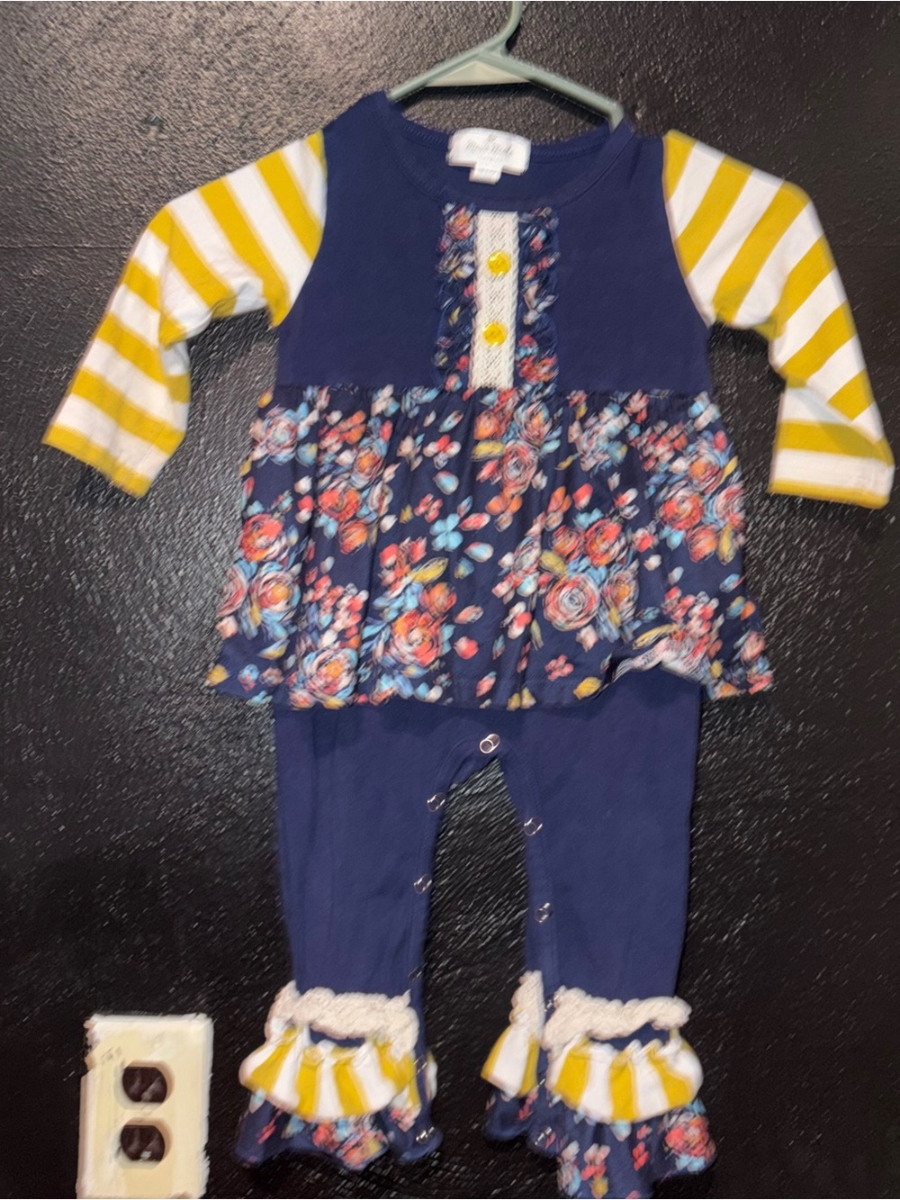 Marie Nicole girls 18-24M Navy Floral & Yellow Stripe Baby Girl Romper